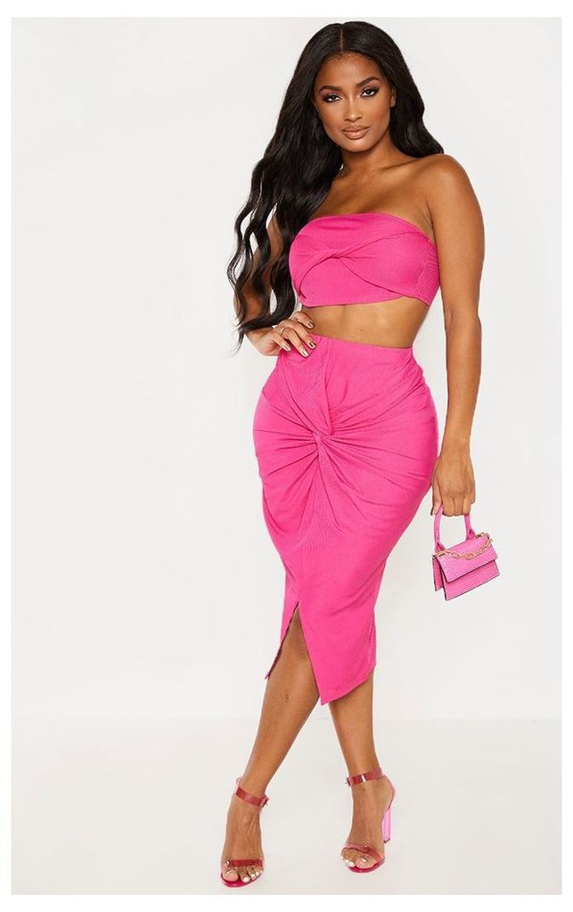 Shape Hot Pink Knot Front Midi Skirt, Hot Pink