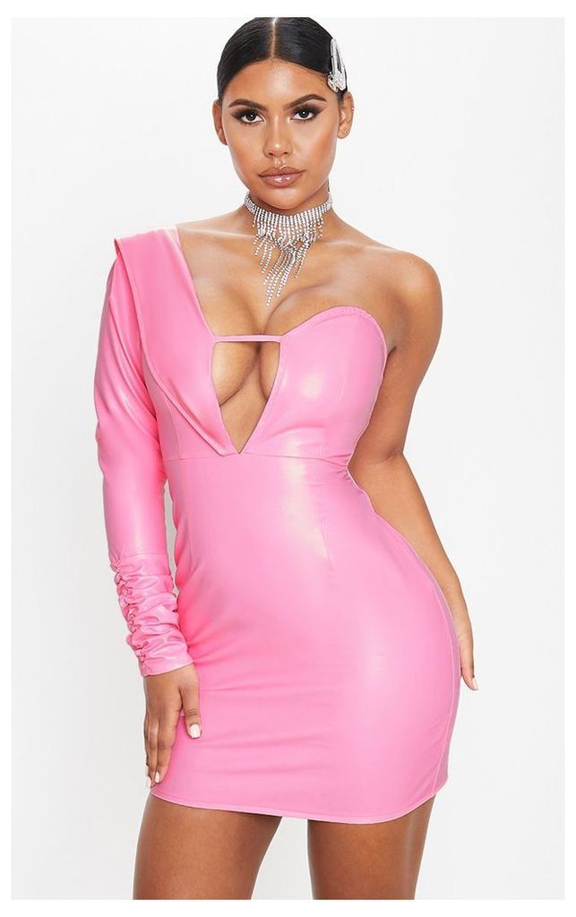 Pink Faux Leather Asymmetric Bodycon Dress, Pink