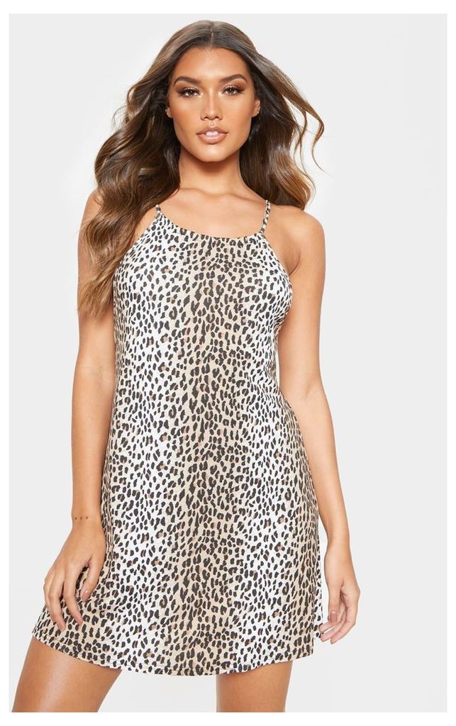 Tan Leopard Basic Ruched Halterneck Shift Dress, Brown