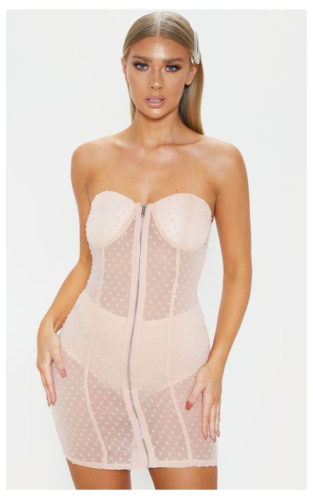 Nude Dobby Mesh Bandeau Zip Detail Bodycon Dress, Pink