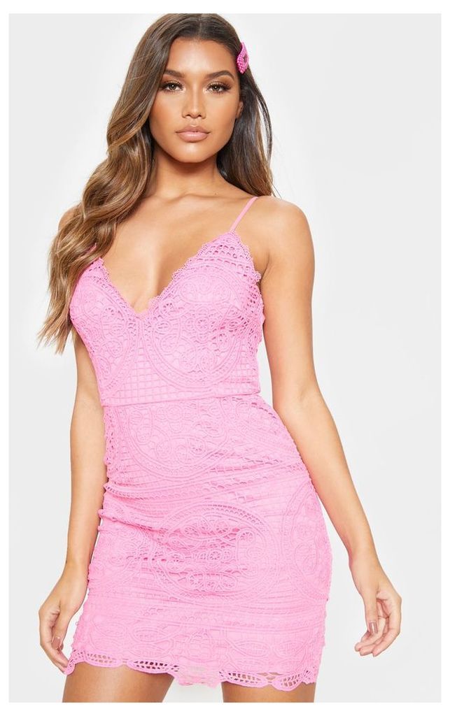 Pink Strappy Plunge Lace Bodycon Dress, Pink