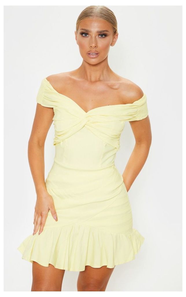 Lemon Bardot Shirred Pleated Bodycon Dress, Lemon