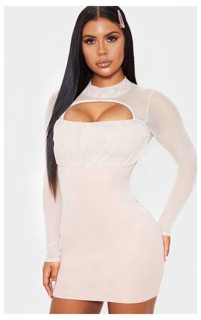 Stone Mesh Sleeve Ruched Bust Detail Cut Out Bodycon Dress, White