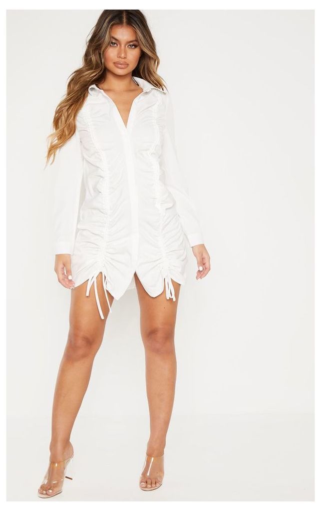 White Double Ruched Front Shirt Dress, White