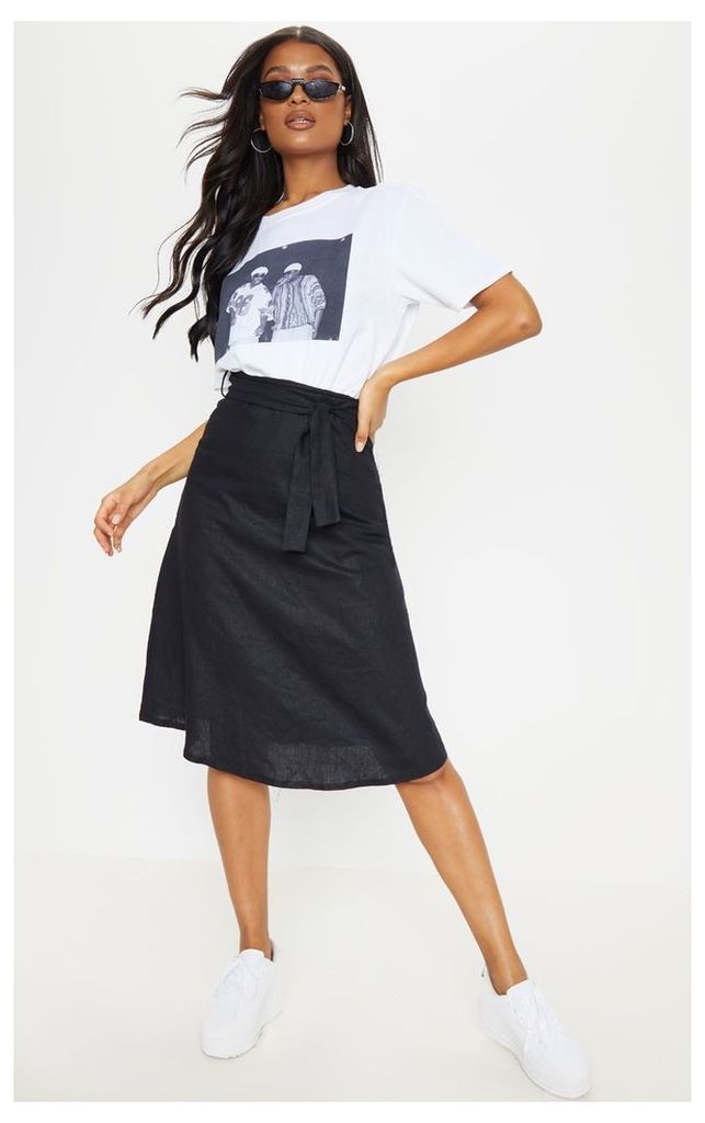 Black Linen Mix Tie Waist Midi Skirt, Black