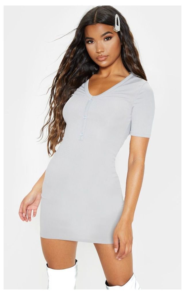 Grey Button Front Ribbed Bodycon Dress, Grey