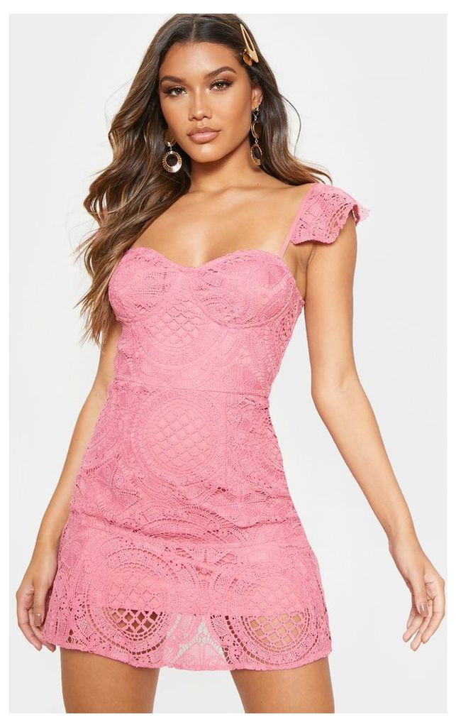 Rose Lace Ruffle Shoulder Bodycon Dress, Pink