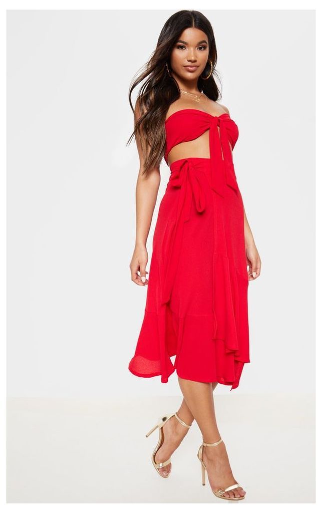 Red Frill Hem Wrap Midi Skirt, Red