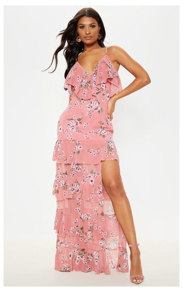 Pink Printed Ruffle Maxi Dress with Side Split, Pink