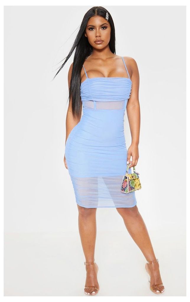 Baby Blue Strappy Mesh Insert Ruched Midi Dress, Blue