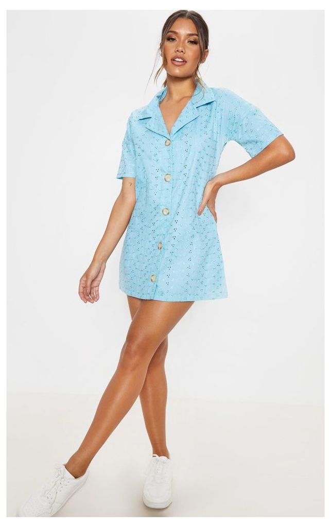 Baby Blue Broderie Analgise Tortoise Shell Button Shirt Dress, Blue