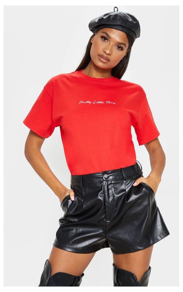 PRETTYLITTLETHING Red Slogan Oversized T Shirt, Red