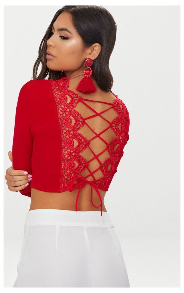 Red Lace Up Back Long Sleeve Crop Top, Red