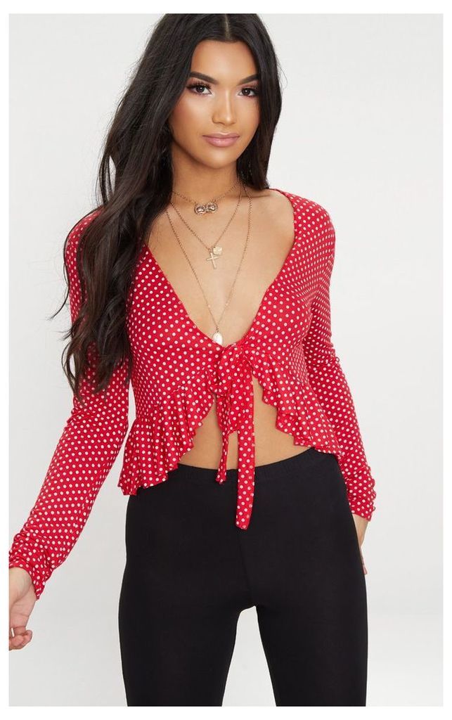 Red Polka Dot Frill Detail Tie Front Crop Top, Red