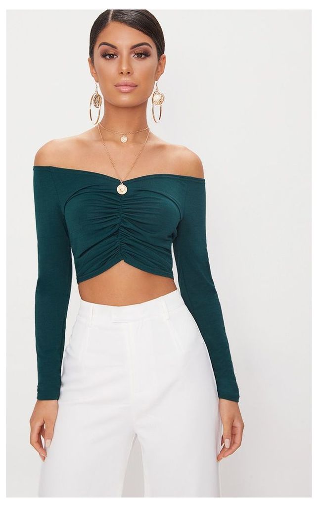 Emerald Green Slinky Ruched Front Long Sleeve Crop Top, Emerald Green