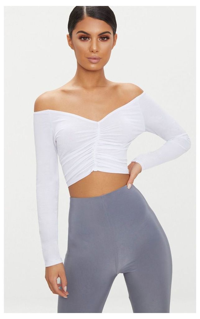 White Slinky Ruched Front Long Sleeve Crop Top, White
