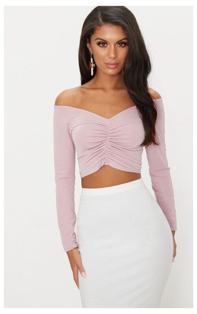 Dusty Pink Slinky Ruched Front Long Sleeve Crop Top, Dusty Pink