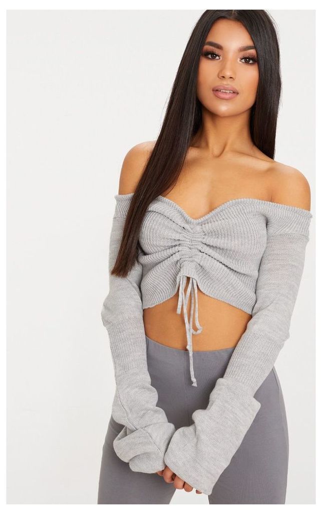 Grey Extreme Sleeve Ruched Knitted Top, Grey