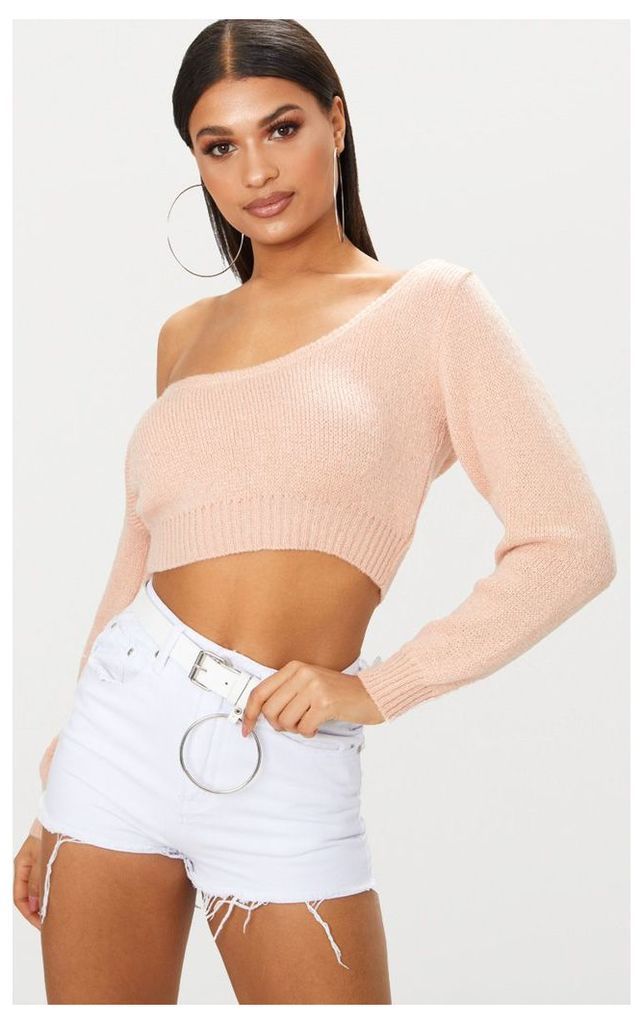 Nude V Neck Off Shoulder Soft Knitted Crop Jumper, Pink
