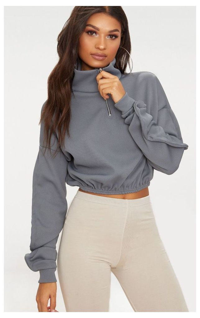 Grey Rib Zip Front Long Sleeve Sweater, Grey