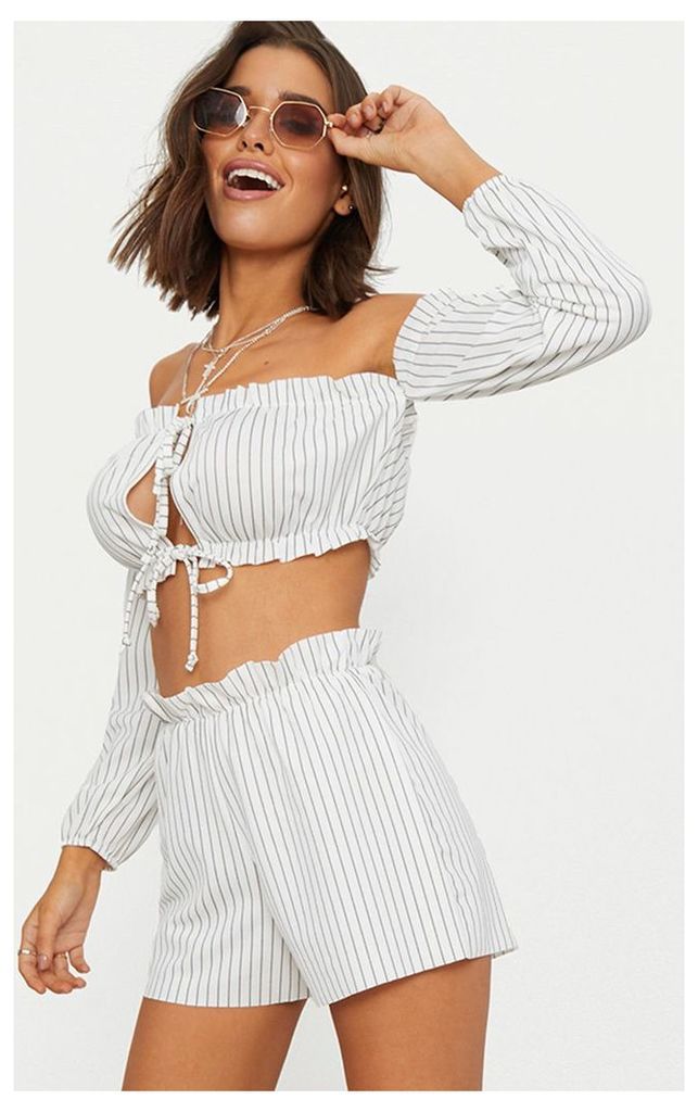 White Ruched Stripe Detail Tie Front Puff Sleeve Crop Top, White