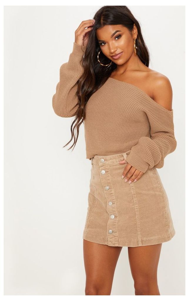 Taupe Off The Shoulder Knitted Crop Jumper, Brown