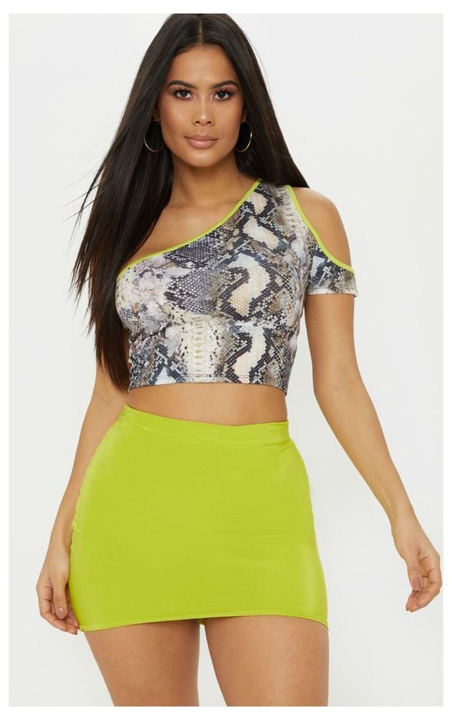 Tan Snake Printed Neon Binding Cut Out Crop Top, Brown