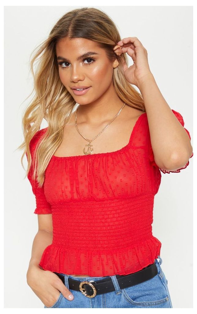 Red Dobby Shirred Short Sleeve Crop Top, Red
