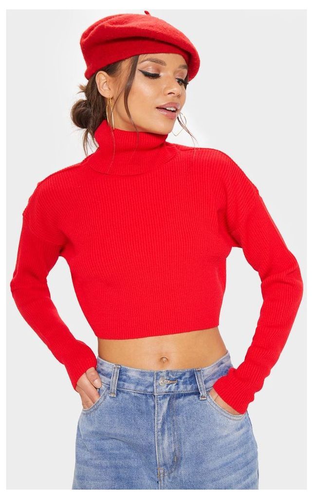 Red Ribbed Cropped Roll Neck Jumper, Red