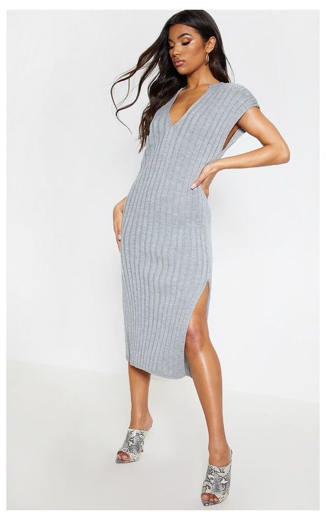 Grey Ribbed V Neck Midi Knitted Dress, Grey