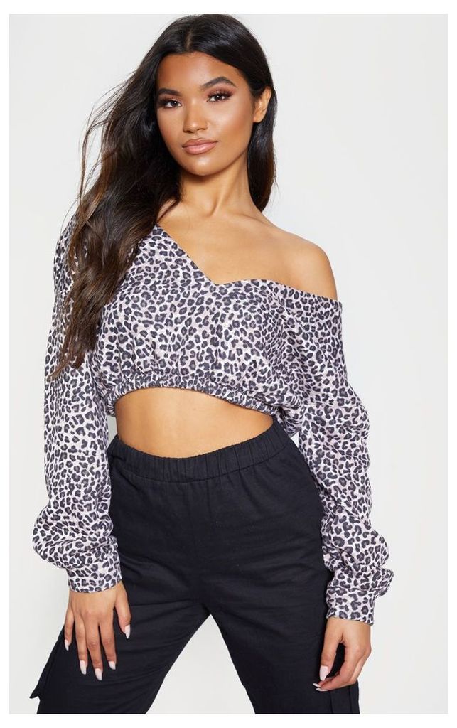 Tan Leopard Off Shoulder Crop Sweater, Brown