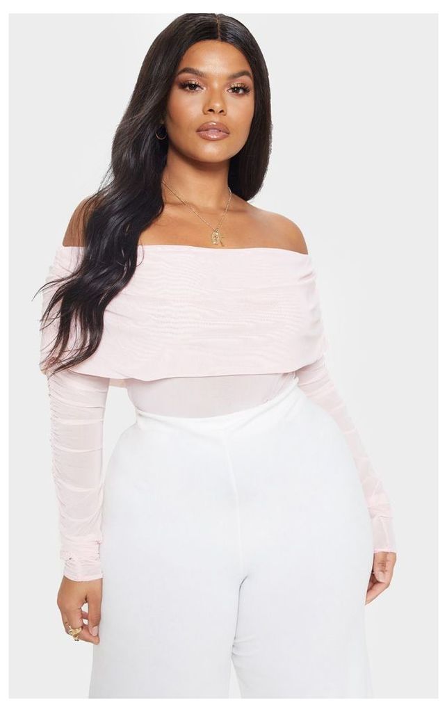 Plus Dusty Pink Ruched Bardot Mesh Crop Top, Dusty Pink