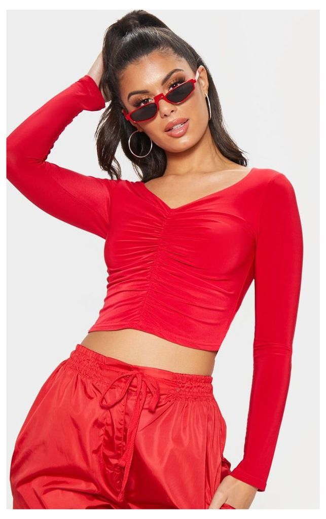 Red Slinky Long Sleeve Ruched Crop Top, Red