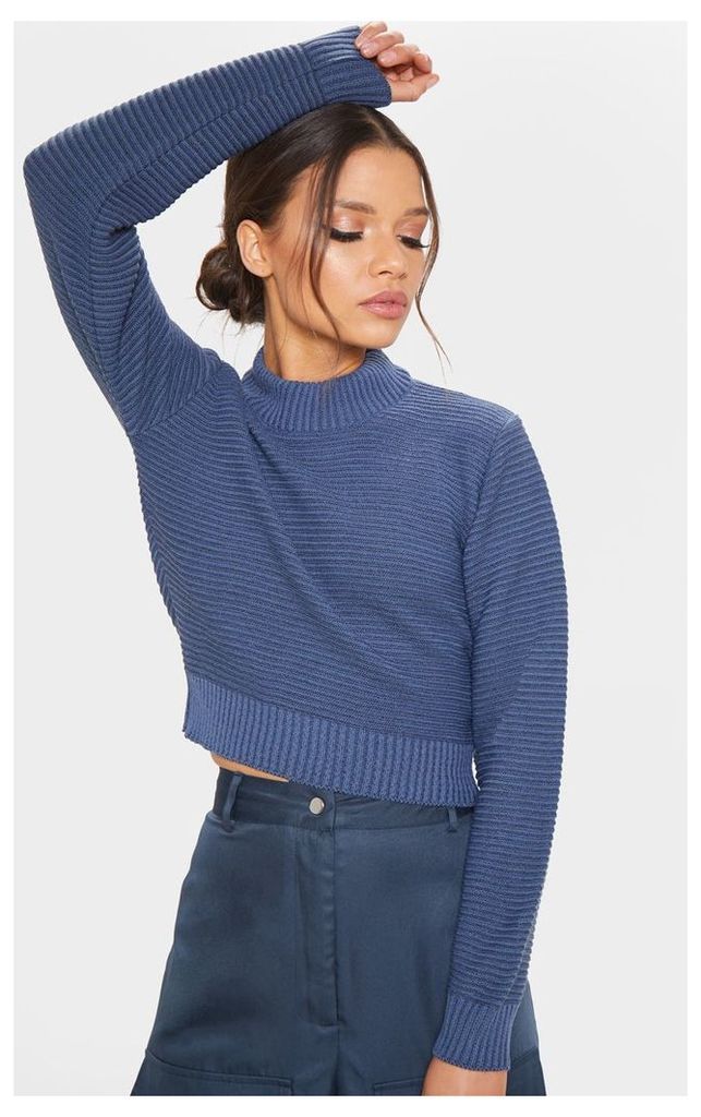 Petrol Ribbed Cropped Knitted Jumper, Blue