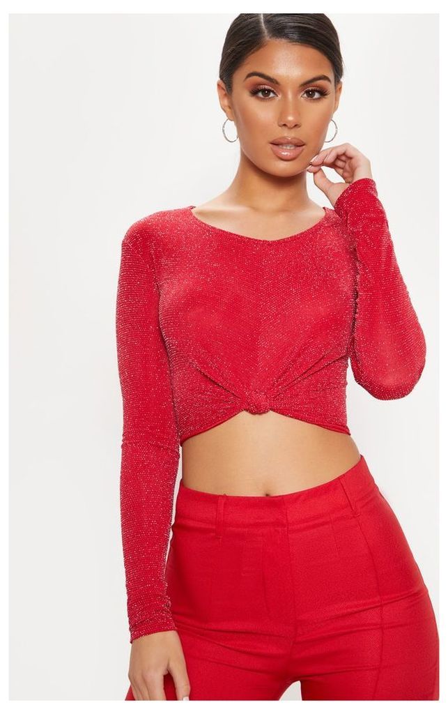 Red Textured Glitter Knot Front Crop Top, Red