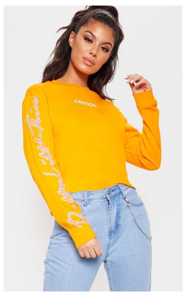 PRETTYLITTLETHING Neon Orange Slogan Oversized Sweater, Neon Orange