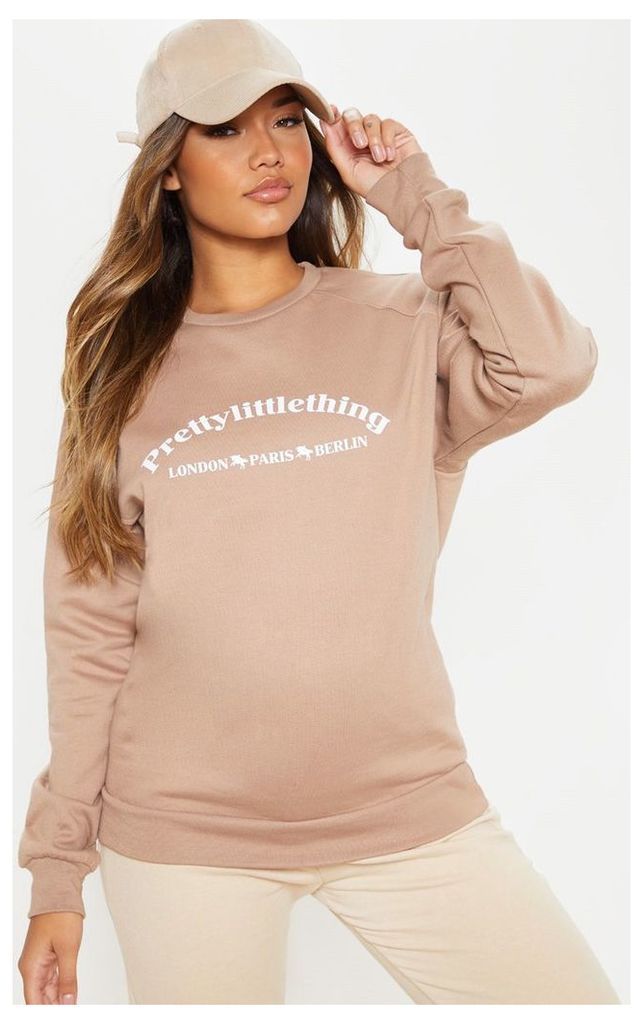 PRETTYLITTLETHING Taupe Europe Slogan Oversized Sweater, Brown