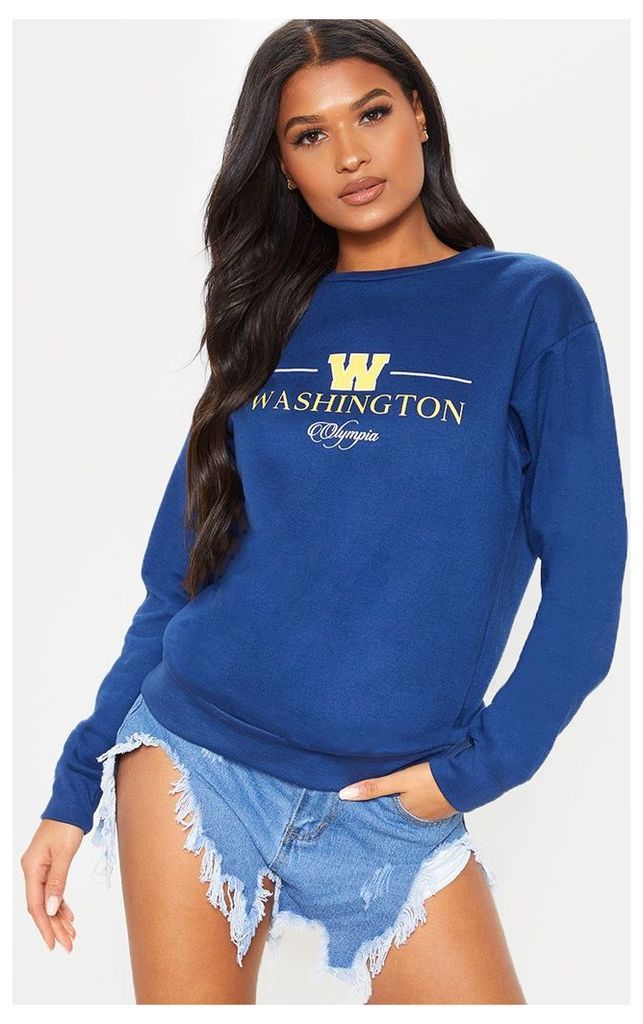Navy Washington Olympia Slogan Oversized Sweater, Blue