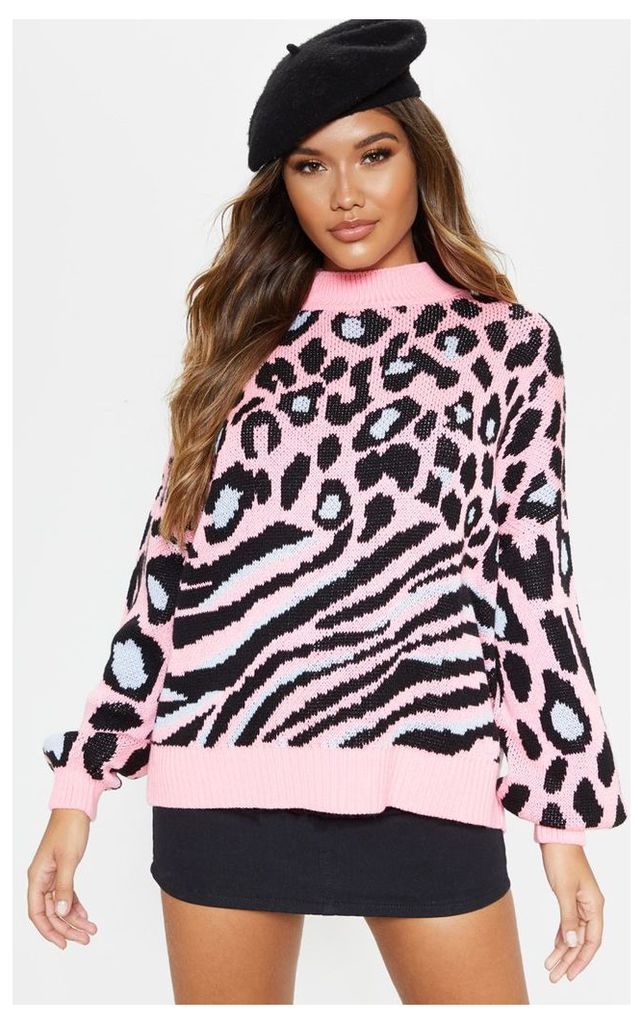 Pink Mixed Animal Print Knitted Jumper, Pink