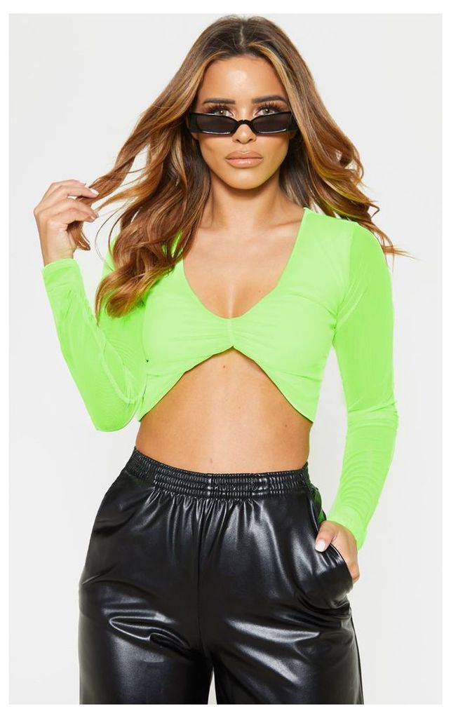 Petite Neon Lime Ruched Front Long Sleeve Mesh Crop Top, Neon Lime