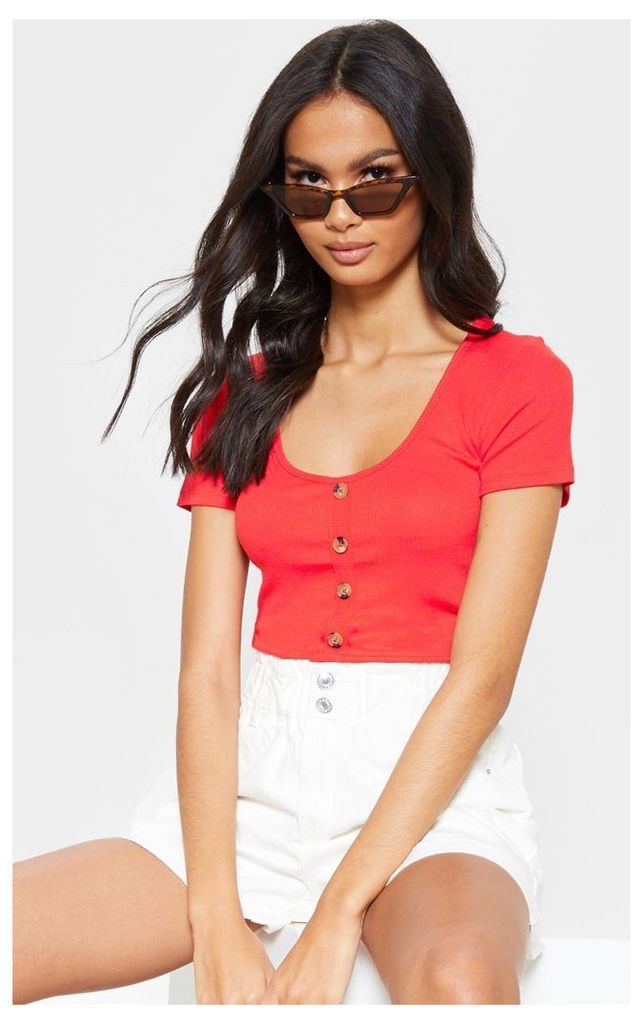 Red Scoop Neck Button Front Short Sleeve Top, Red