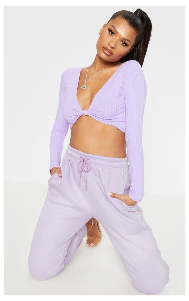 Lilac Knot Front Long Sleeve Crop Top, Purple