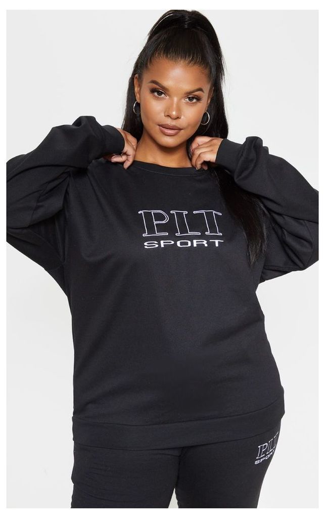 PRETTYLITTLETHING Plus Black Sport Embroidered Oversized Sweatshirt, Black