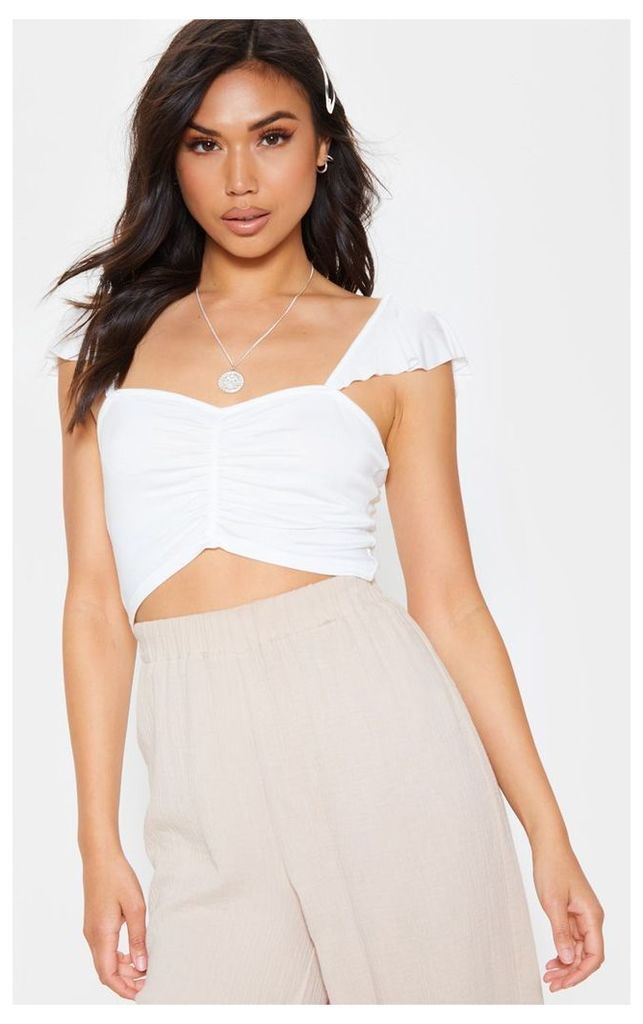 White Jersey Frill Ruched Front Crop Top, White
