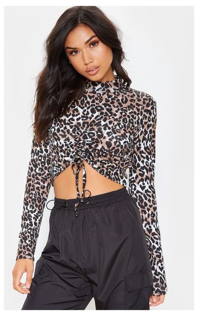 Brown Leopard Print Jersey High Neck Ruched Front Crop Top, Brown