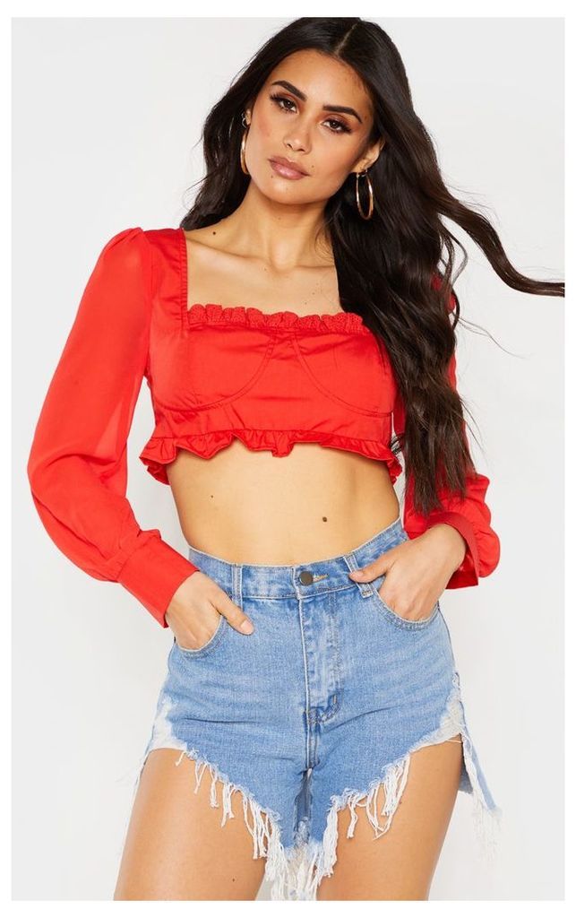 Red Cup Frill Square Neck Long Sleeve Crop Top, Red