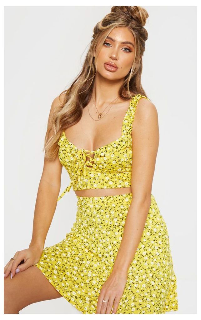 Yellow Ditsy Floral Print Frill Detail Crop Top, Yellow
