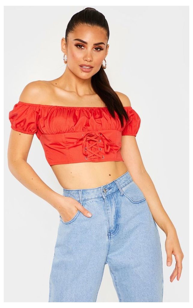 Red Puff Sleeve Lace Up Crop Top, Red
