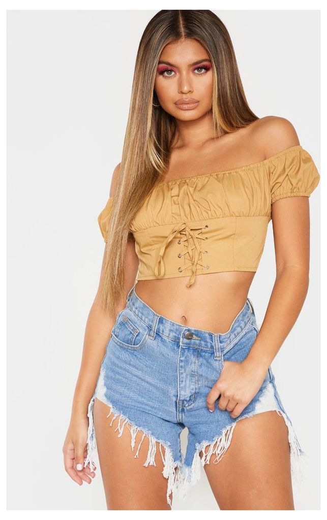 Sand Puff Sleeve Lace Up Crop Top, Sand