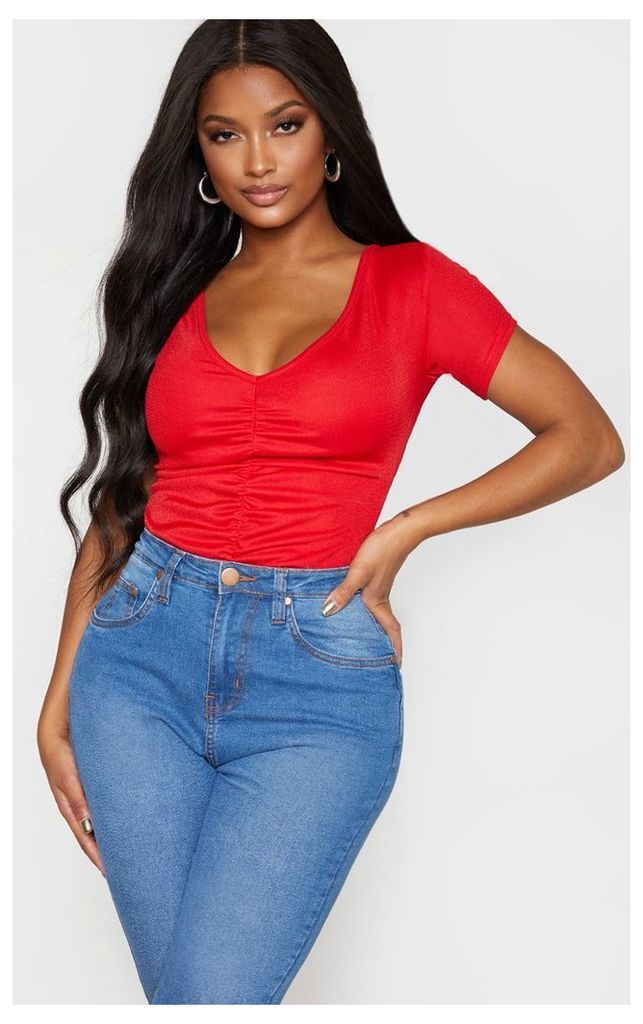 Shape Red Ruched Short Sleeve Bodysuit, Red